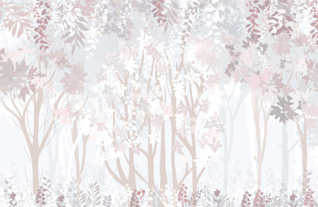 Blassrosa Stämme und Waldblumen — ganzes Design
