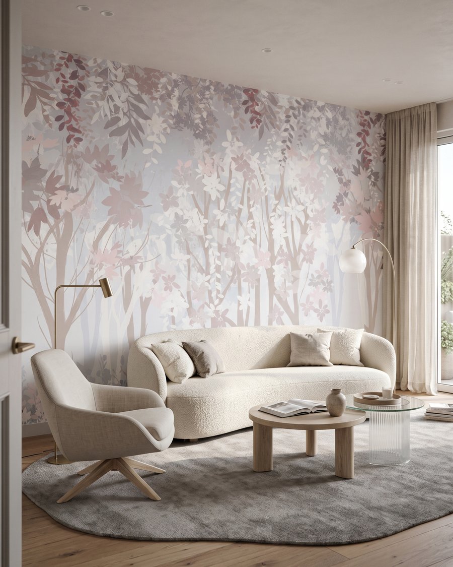 Blassrosa Stämme und Waldblumen in einem Interieur