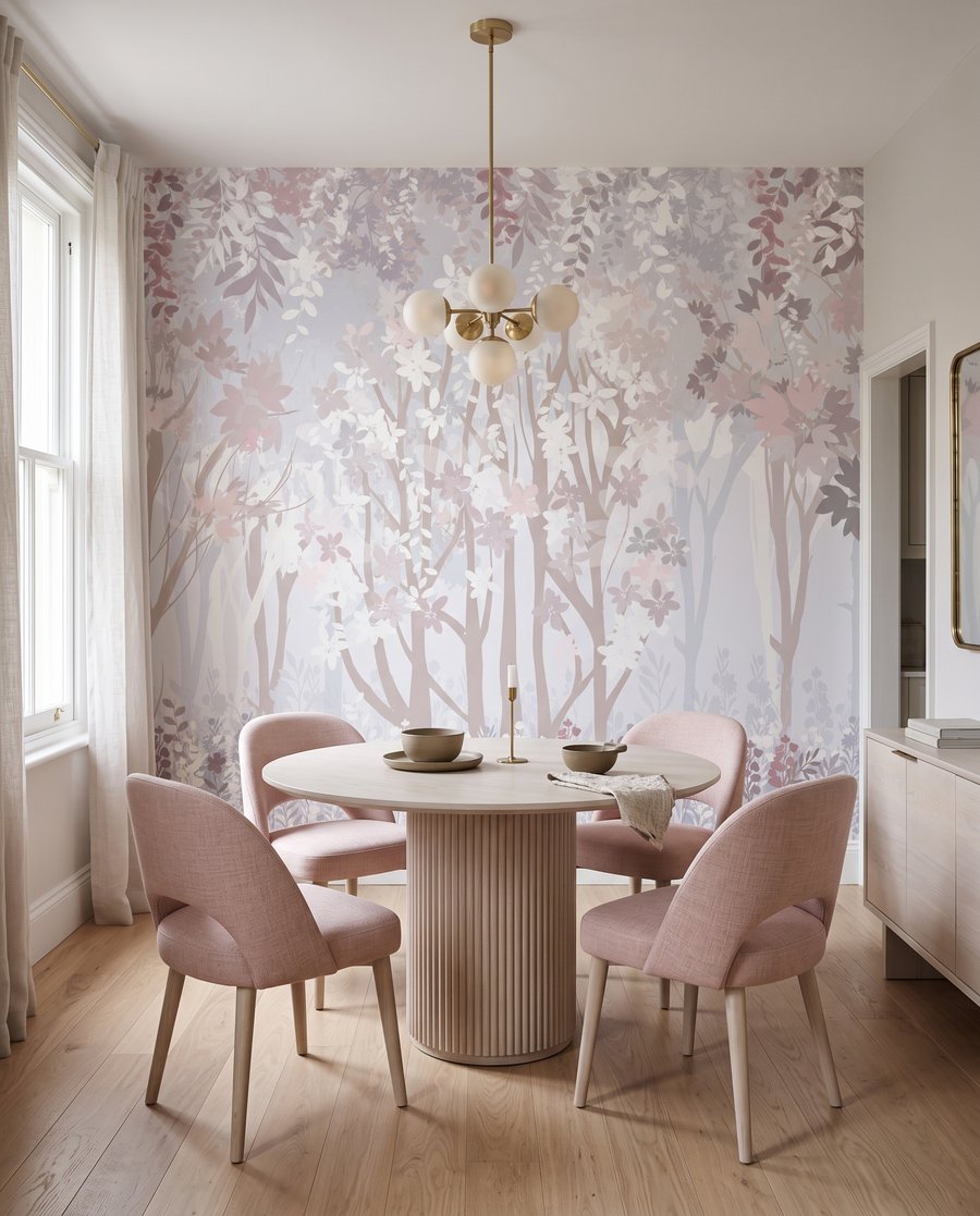 Blassrosa Stämme und Waldblumen in einem Interieur