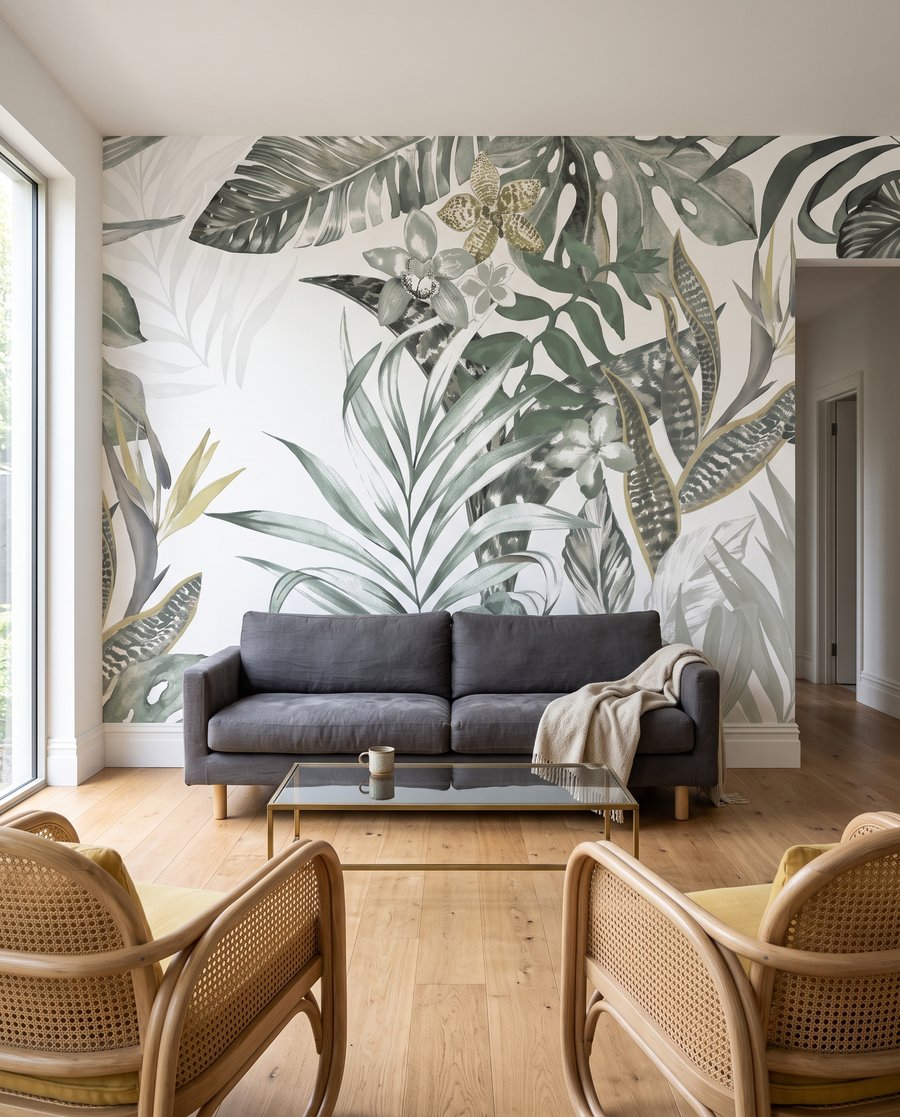 Tropische Blätter im Linienspiel in einem Interieur