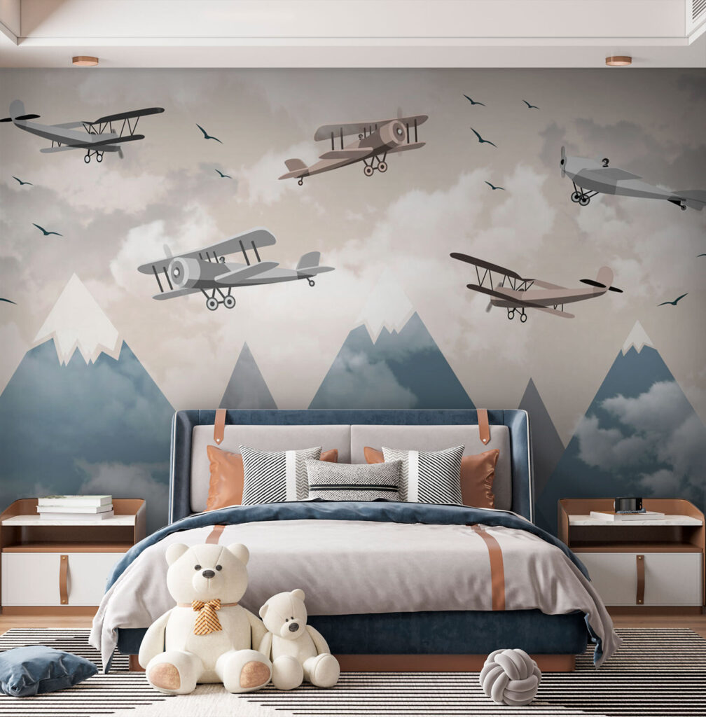Flugzeuge über Schneegipfeln in einem Interieur