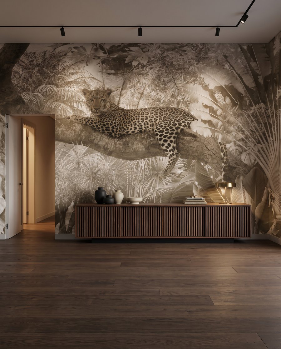 Raubkatze unter blassen Palmen in einem Interieur