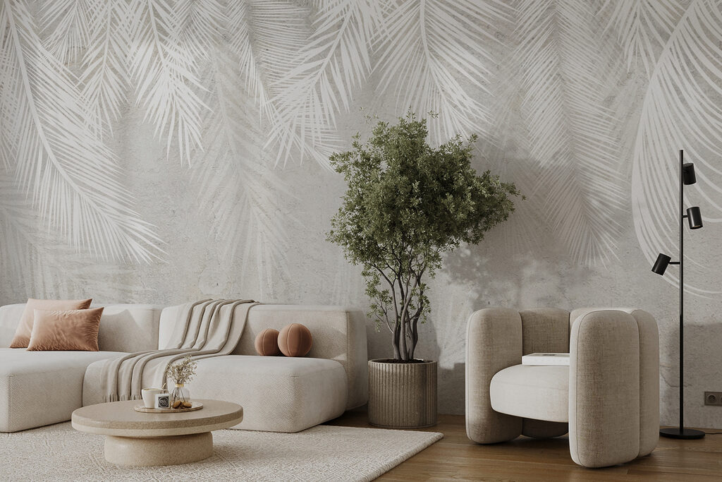 Weiße Palmwedel mit Patina in einem Interieur