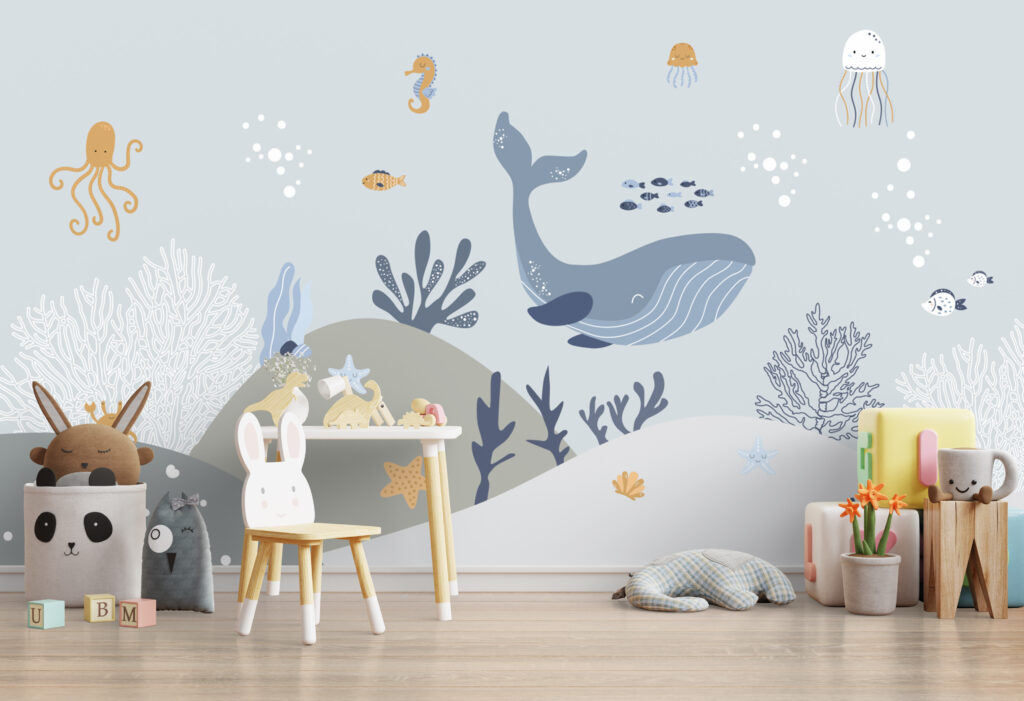 Wal zwischen sanften Meeresdünen in einem Interieur