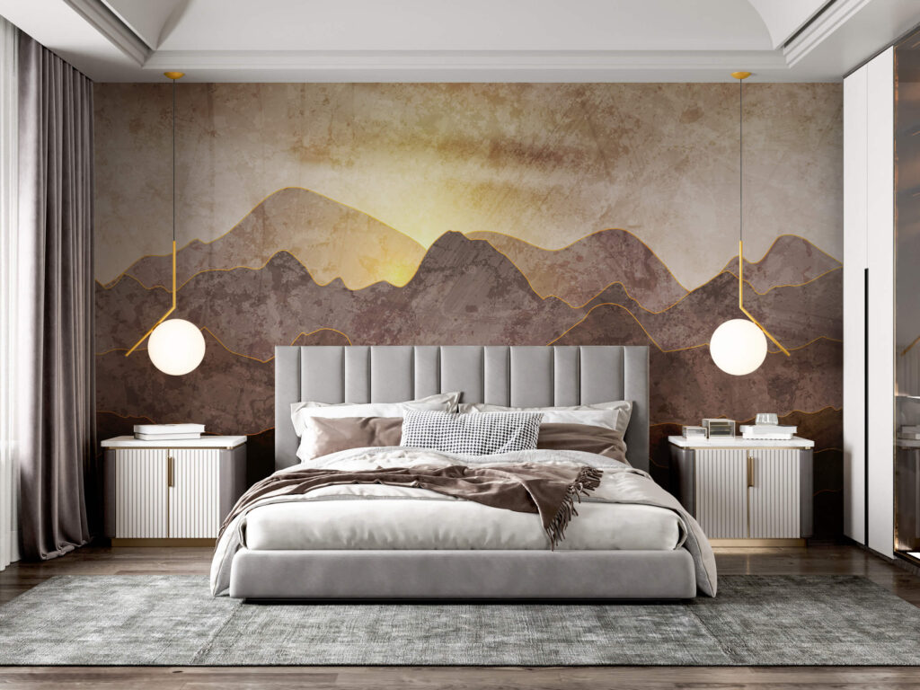 Sonne hinter braunen Bergen in einem Interieur