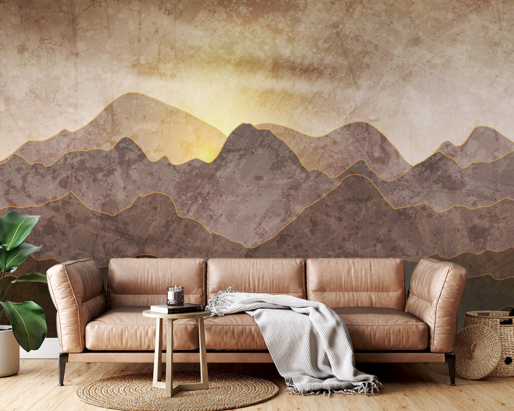 Sonne hinter braunen Bergen in einem Interieur