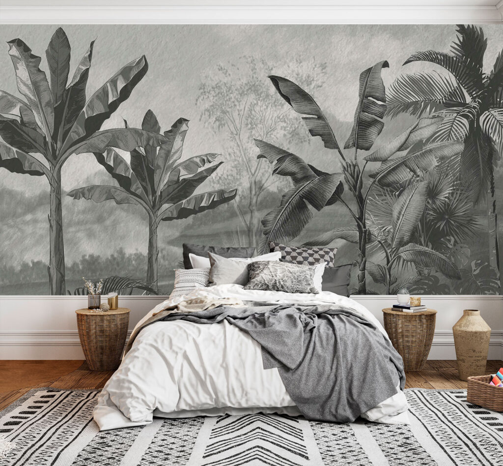 Dschungel in grauen Pinselstrichen in einem Interieur