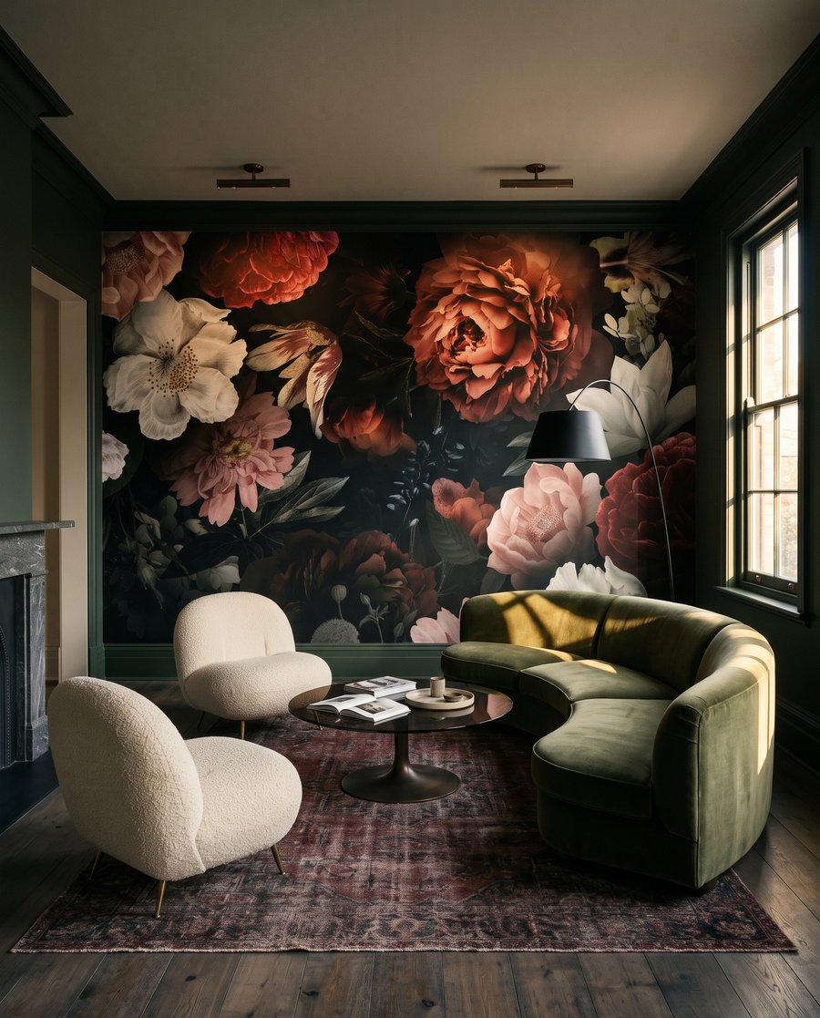 Blüten aus tiefem Schatten in einem Interieur