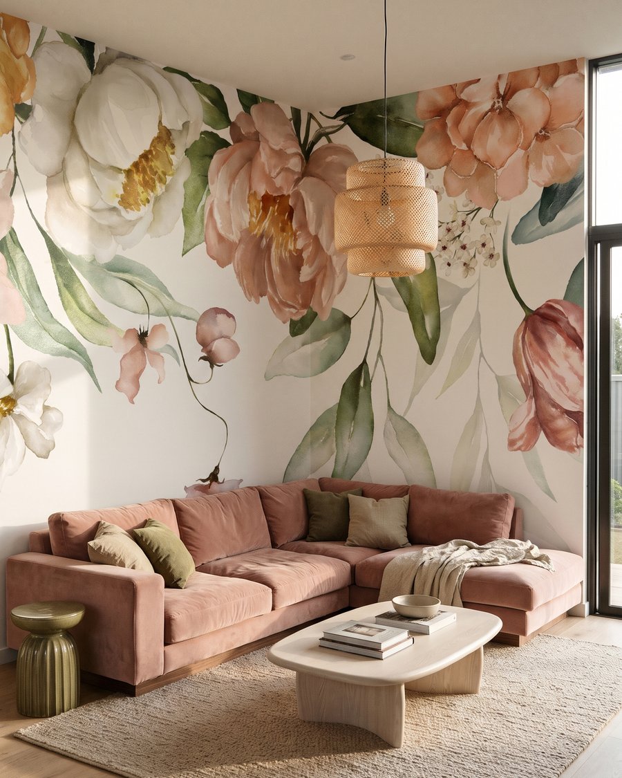 Blütenvorhang in Pfirsich in einem Interieur