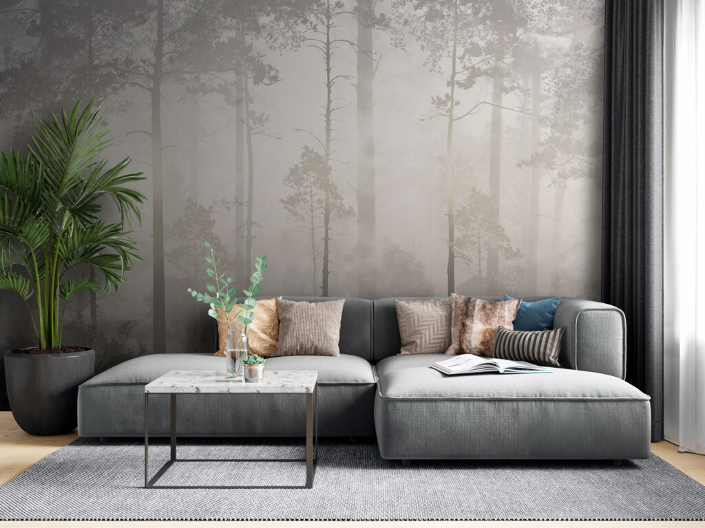 Waldlicht zwischen geraden Stämmen in einem Interieur