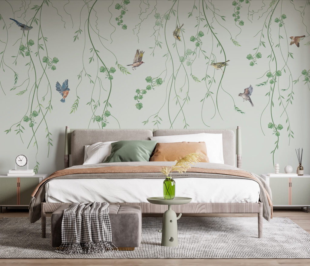 Vögelchen zwischen Hängezweigen in einem Interieur