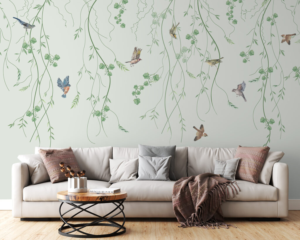 Vögelchen zwischen Hängezweigen in einem Interieur