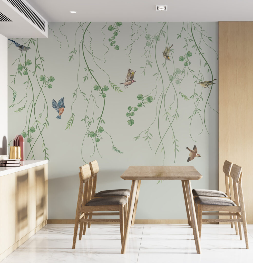 Vögelchen zwischen Hängezweigen in einem Interieur