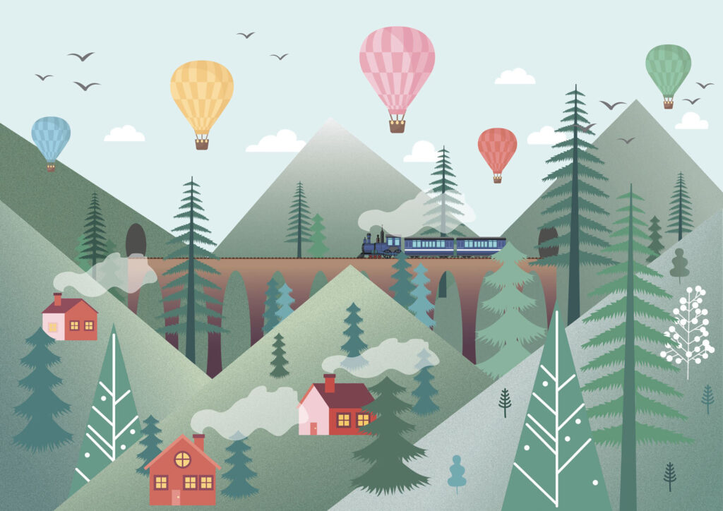 Zug unter bunten Ballons — ganzes Design