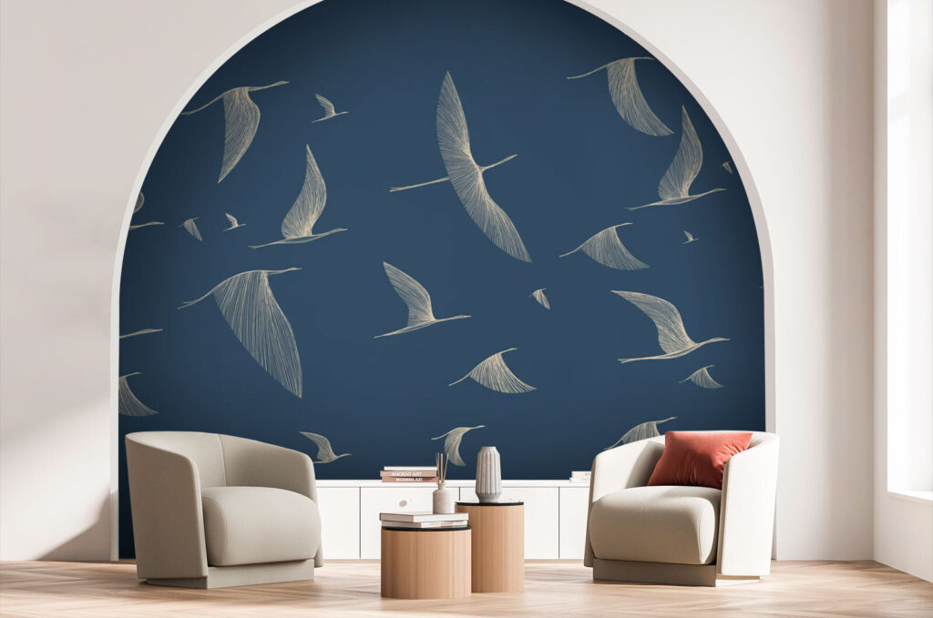 Vögel im blauen Linienspiel in einem Interieur