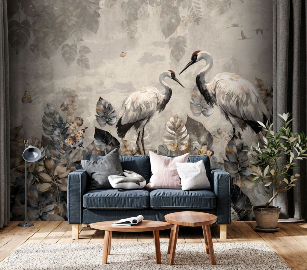 Kraniche zwischen Blättern in einem Interieur