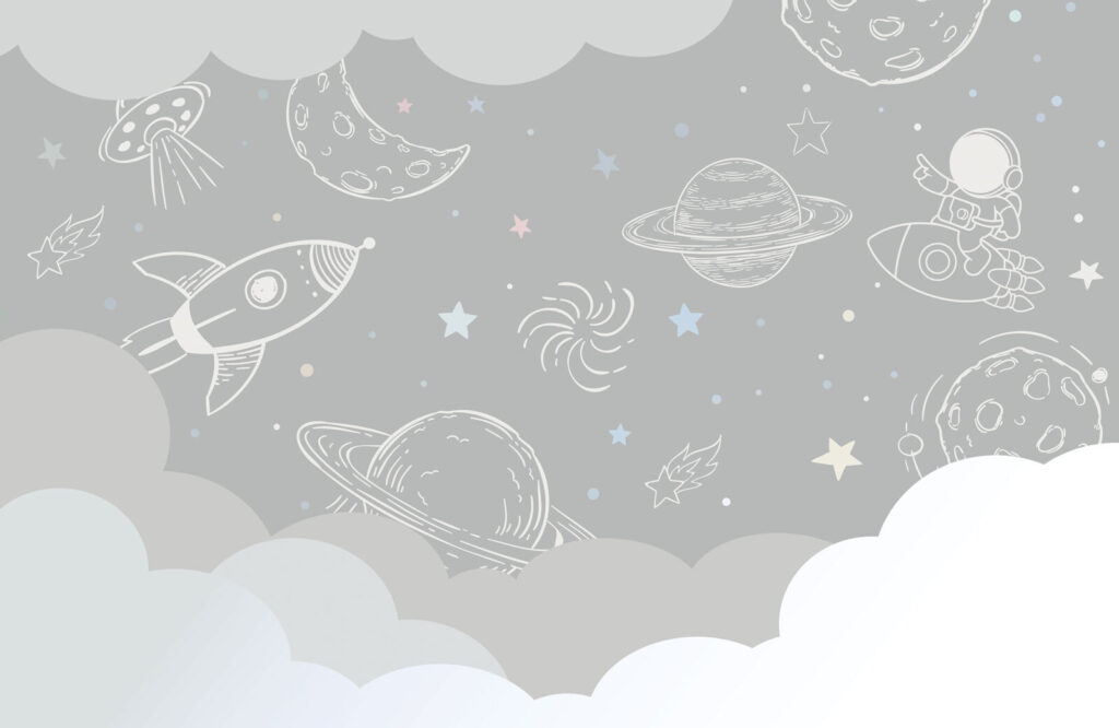 Weltraumskizzen über grauen Wolken — ganzes Design