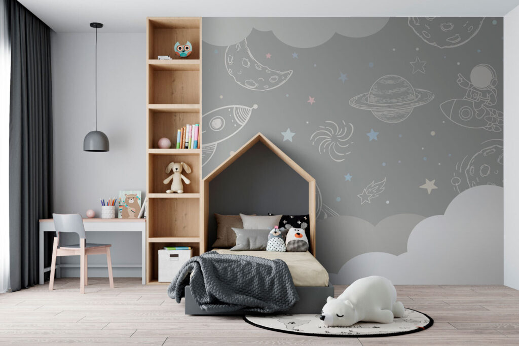 Weltraumskizzen über grauen Wolken in einem Interieur