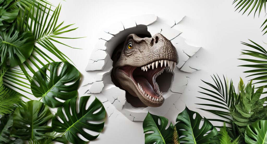 Dinosaurier zwischen grünen Blättern — ganzes Design