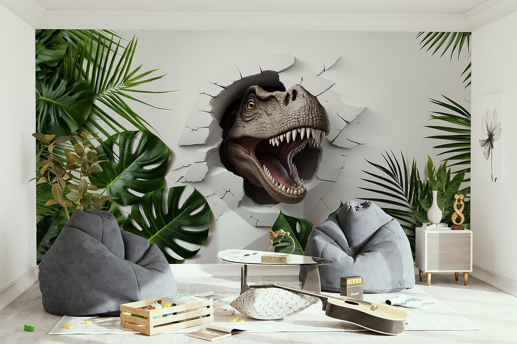 Dinosaurier zwischen grünen Blättern in einem Interieur
