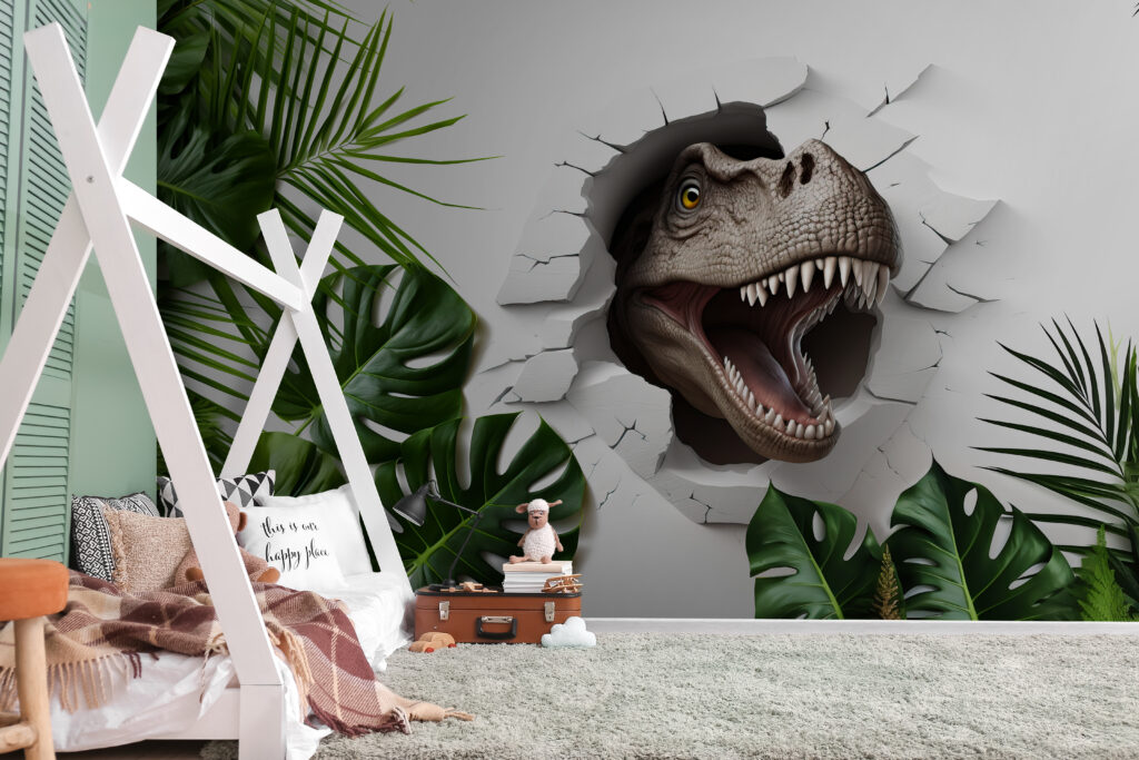 Dinosaurier zwischen grünen Blättern in einem Interieur