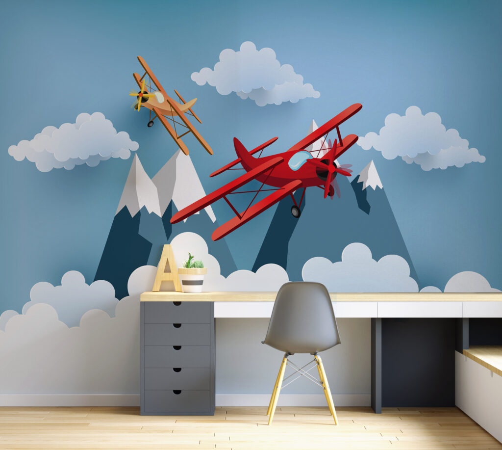 Flugzeuge zwischen weißen Wolken in einem Interieur