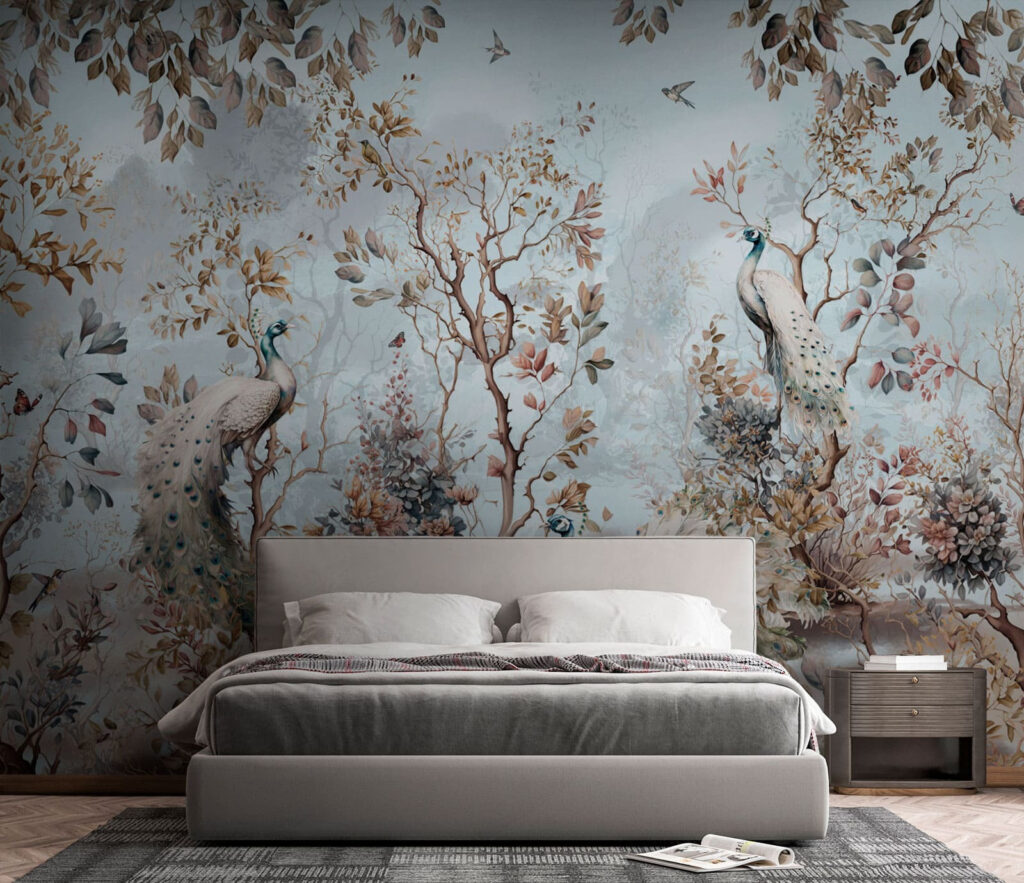 Wald voller blasser Vögel in einem Interieur