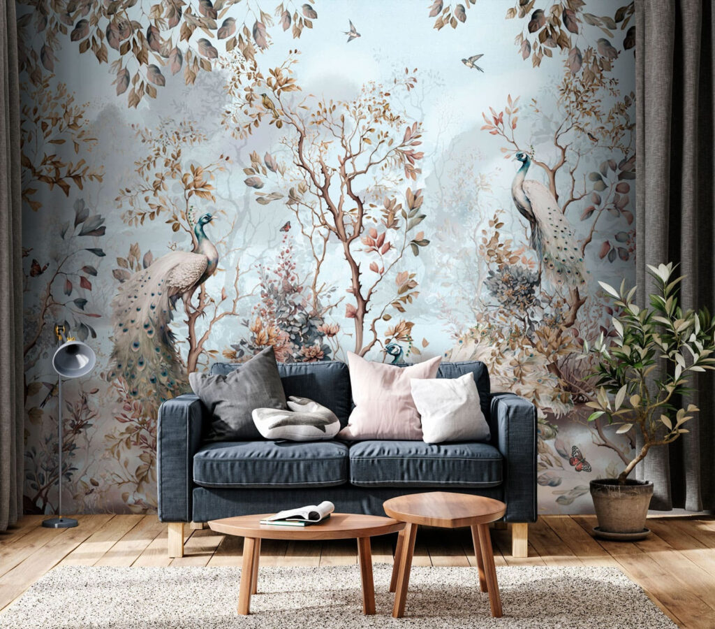 Wald voller blasser Vögel in einem Interieur