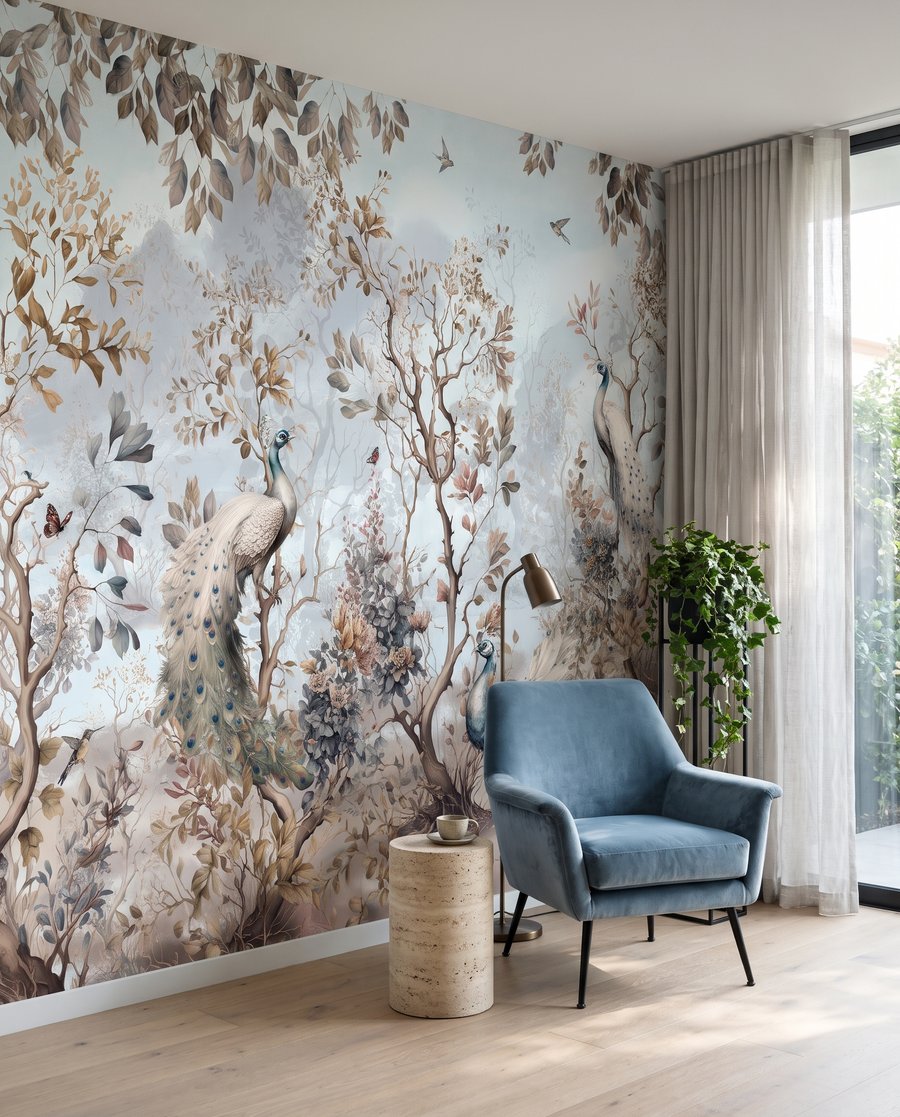 Wald voller blasser Vögel in einem Interieur