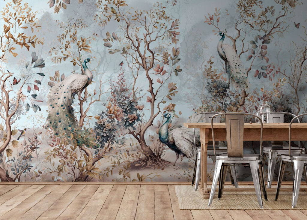 Wald voller blasser Vögel in einem Interieur