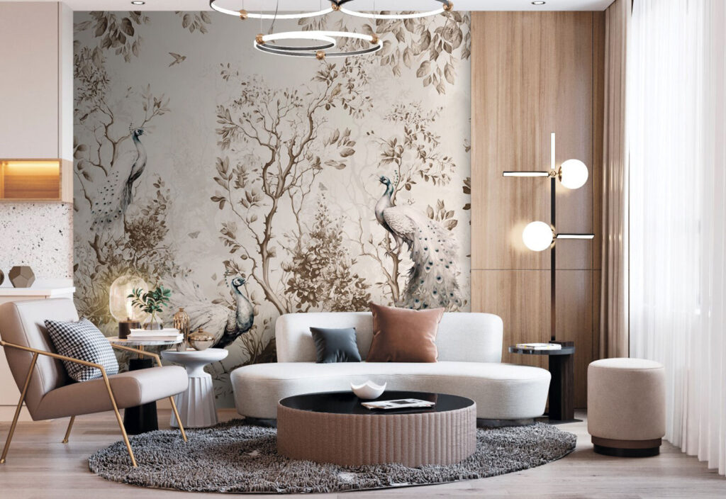 Pfauen in verwitterten Linien in einem Interieur