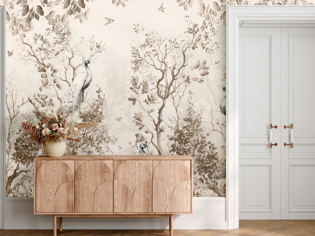 Pfauen in verwitterten Linien in einem Interieur