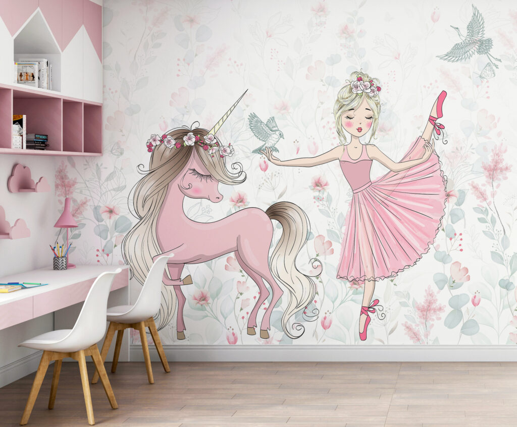 Ballerina mit Einhorn in einem Interieur