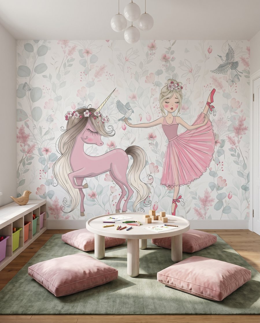 Ballerina mit Einhorn in einem Interieur