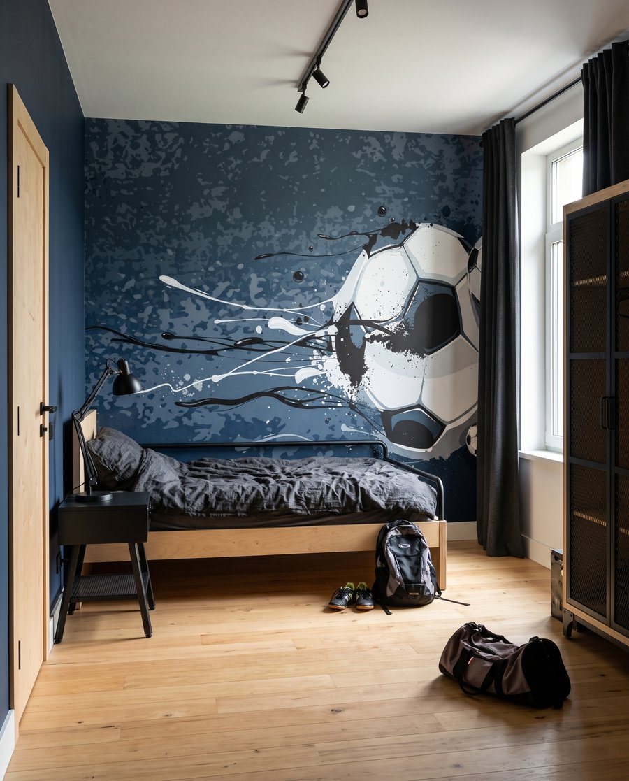 Fußball durch blaue Farbe in einem Interieur