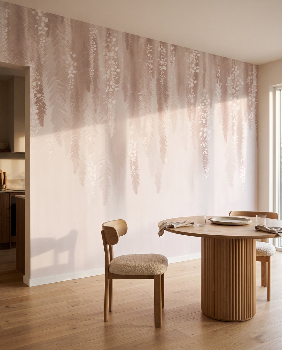 Blütengirlanden in Zartrosa in einem Interieur