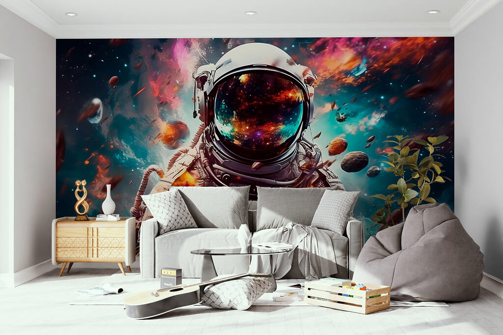 Astronaut mit glänzendem Visier in einem Interieur
