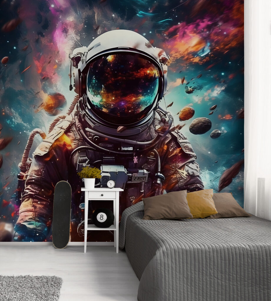 Astronaut mit glänzendem Visier in einem Interieur