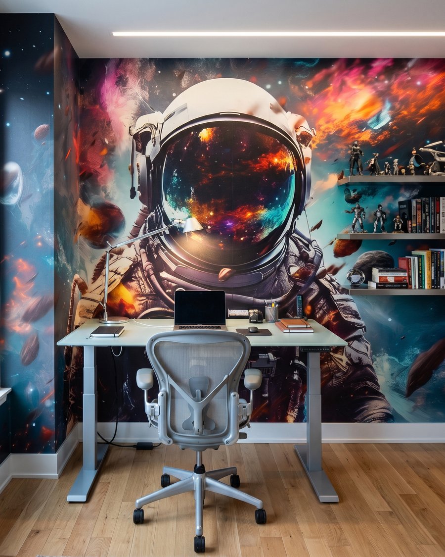 Astronaut mit glänzendem Visier in einem Interieur