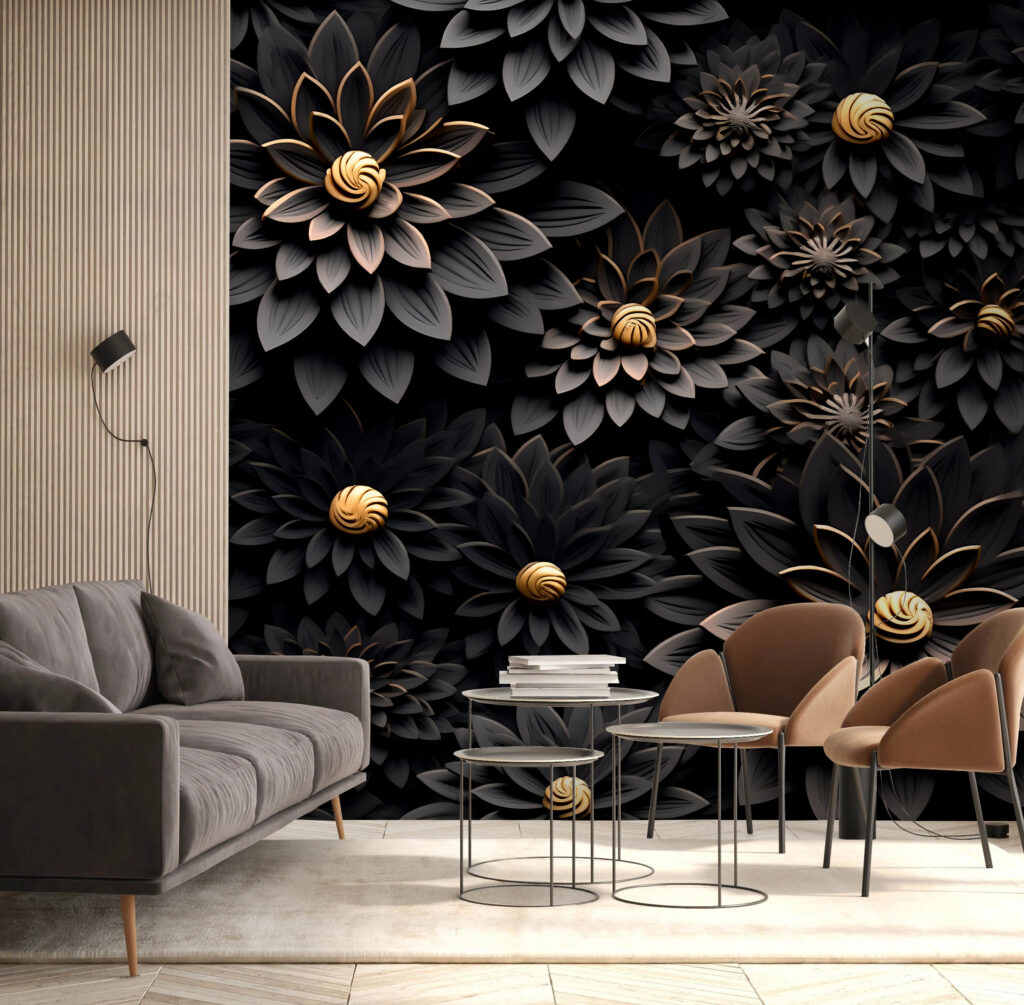 Schwarze Blüten, goldene Mitte in einem Interieur
