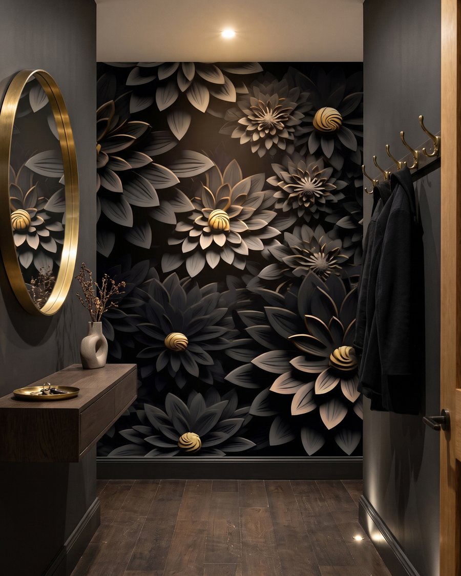 Schwarze Blüten, goldene Mitte in einem Interieur