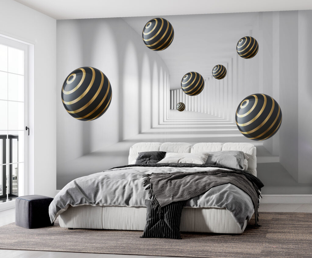 Kugeln mit goldenen Ringen in einem Interieur