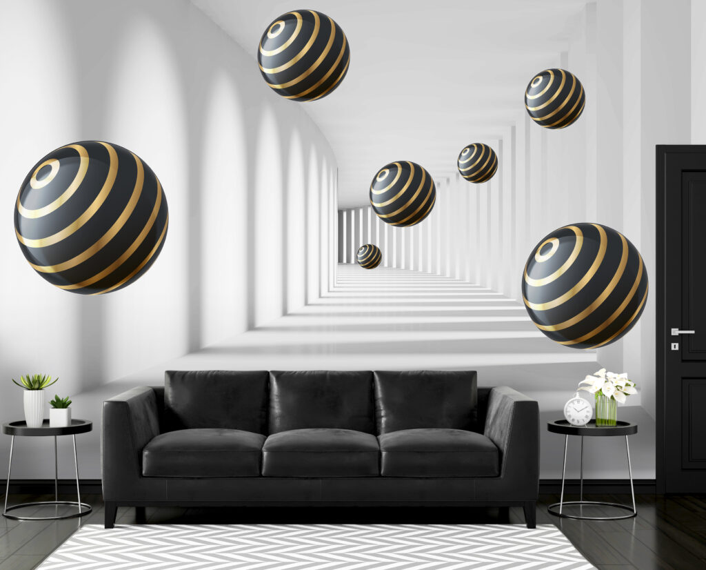Kugeln mit goldenen Ringen in einem Interieur