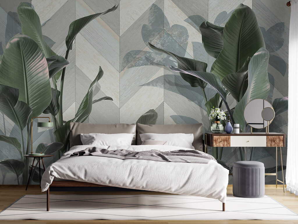 Blätter vor schrägen Flächen in einem Interieur
