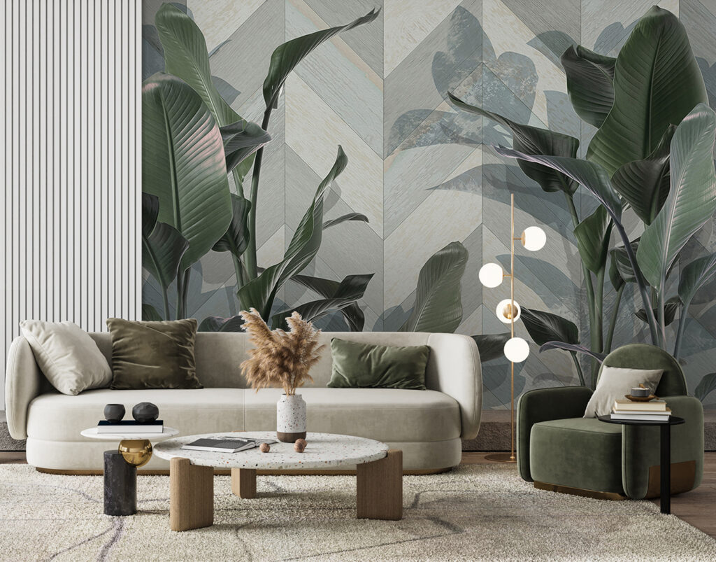 Blätter vor schrägen Flächen in einem Interieur