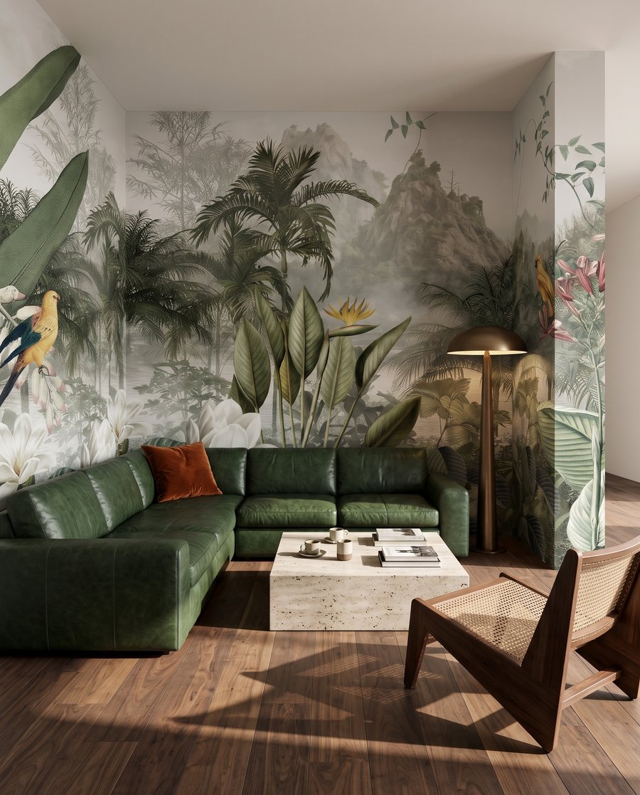 Lotus vor nebligem Dschungel in einem Interieur