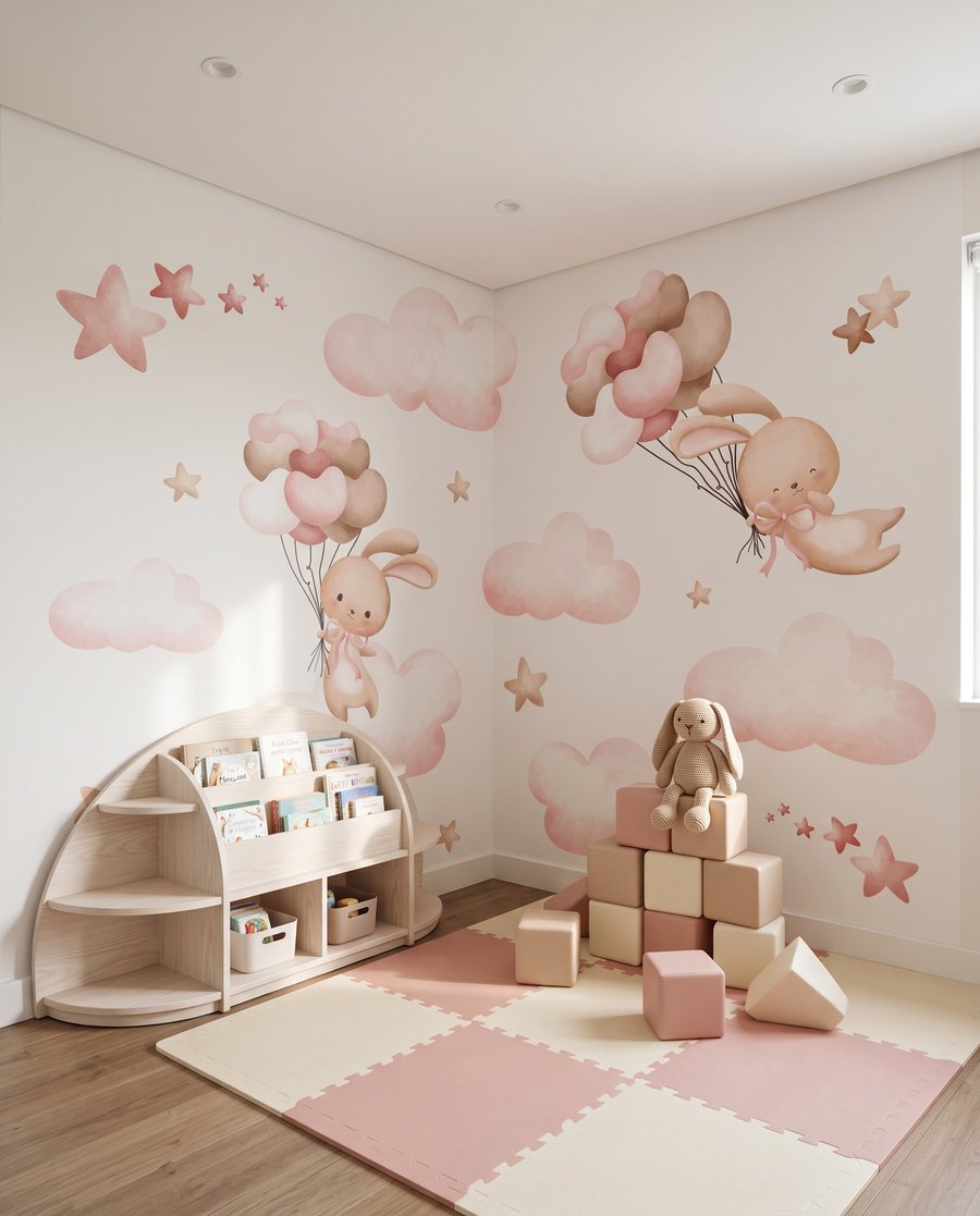 Häschen über rosa Wolken in einem Interieur