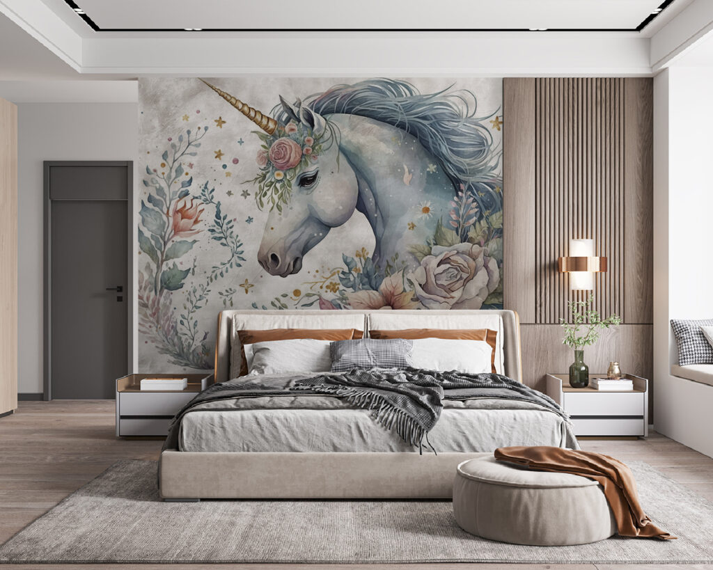 Einhorn mit Blütenmähne in einem Interieur