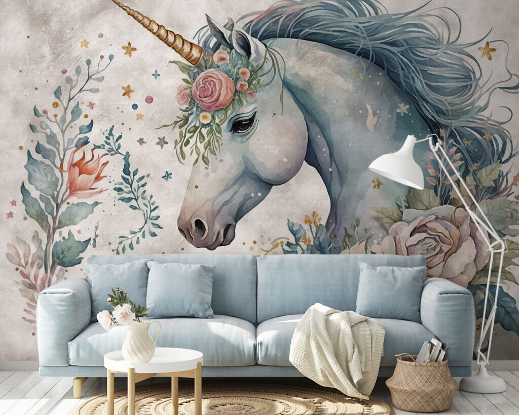 Einhorn mit Blütenmähne in einem Interieur