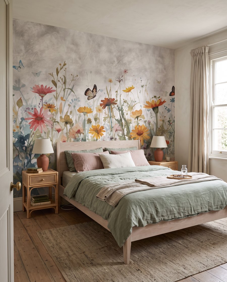 Schmetterlinge über Wiesenblumen in einem Interieur